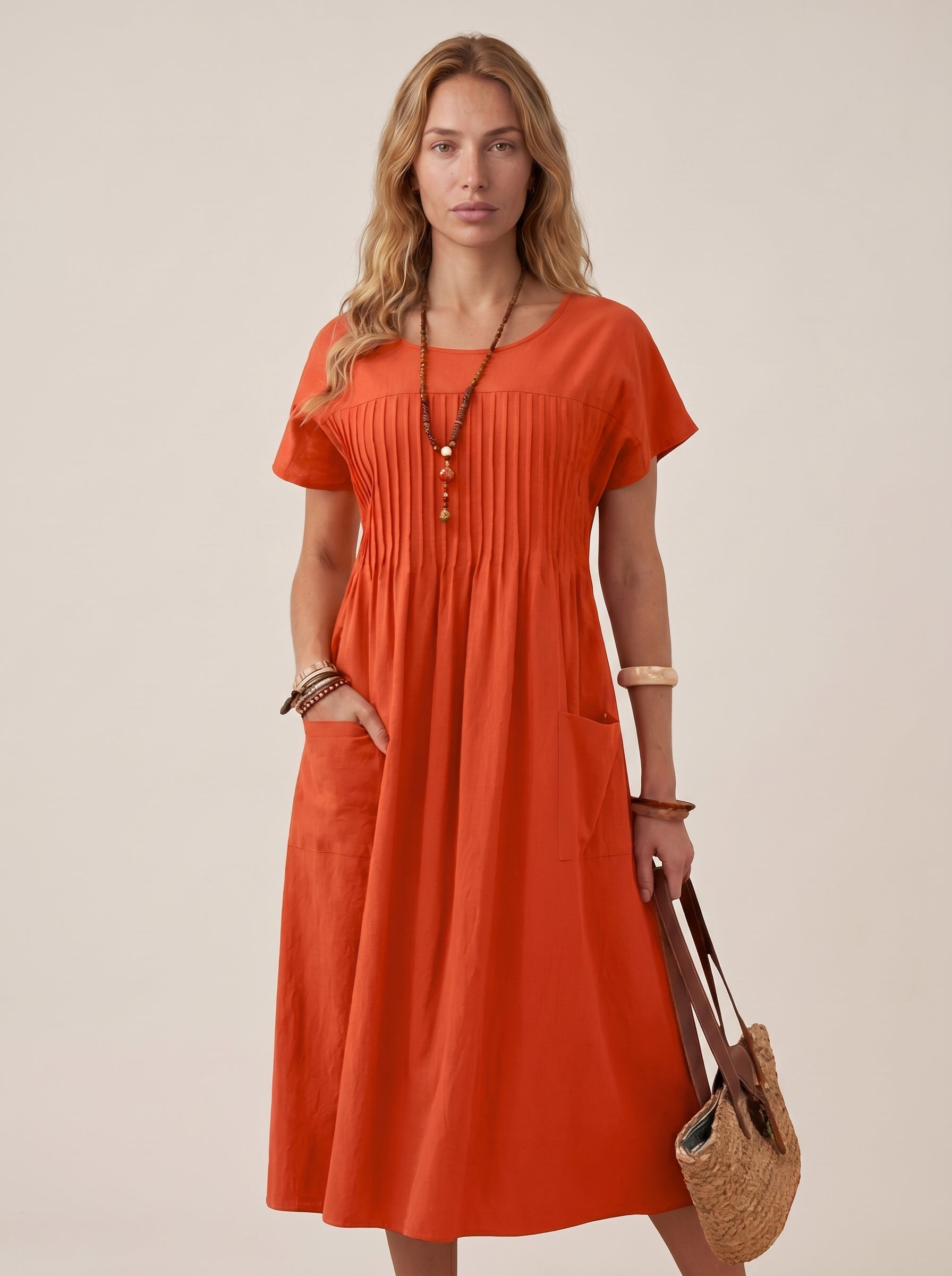 Isla | Effortless Short Sleeve A-Line Midi Day Dress with Side Pockets