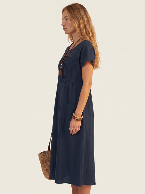 Isla | Effortless Short Sleeve A-Line Midi Day Dress with Side Pockets