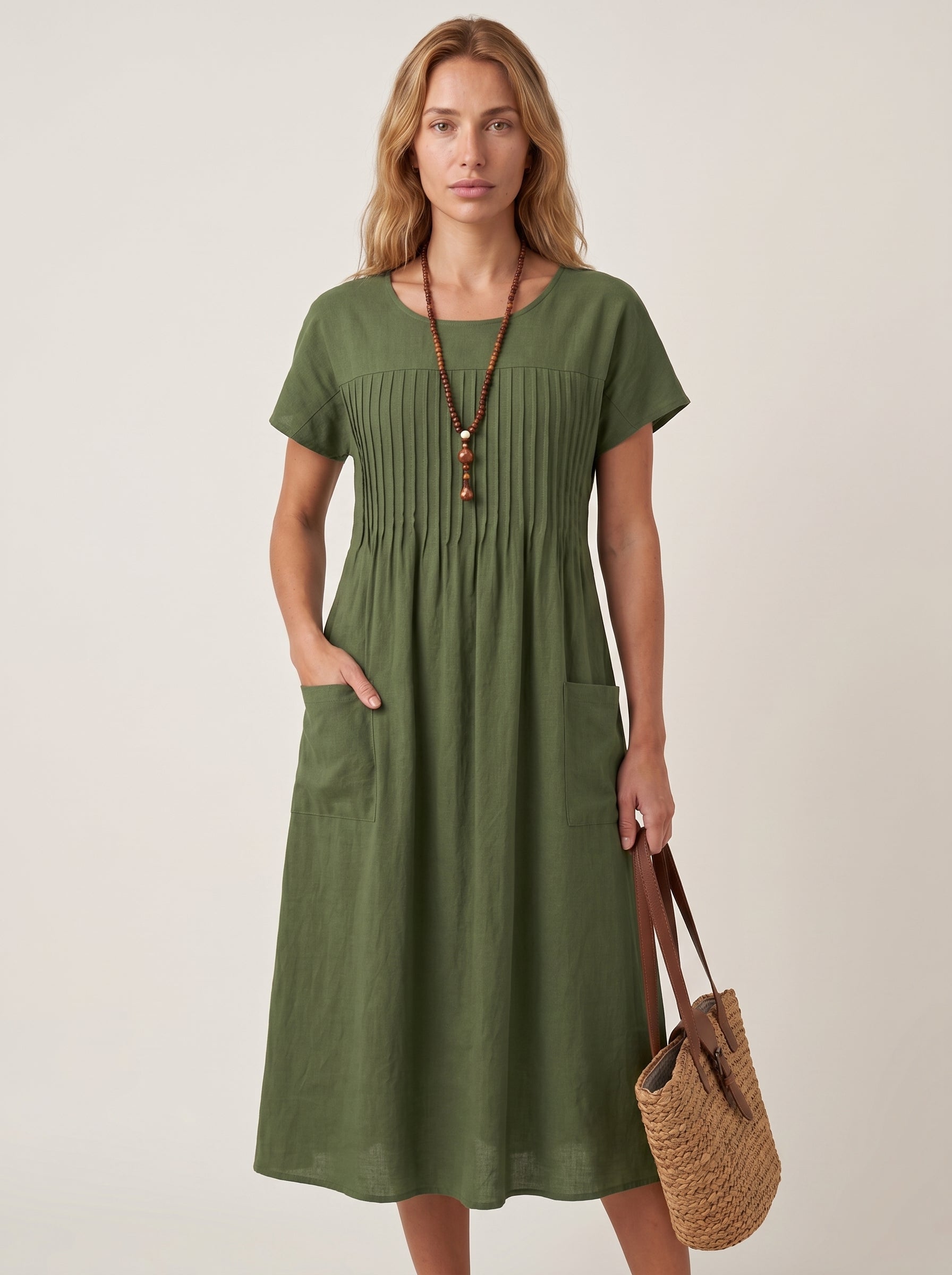 Isla | Effortless Short Sleeve A-Line Midi Day Dress with Side Pockets