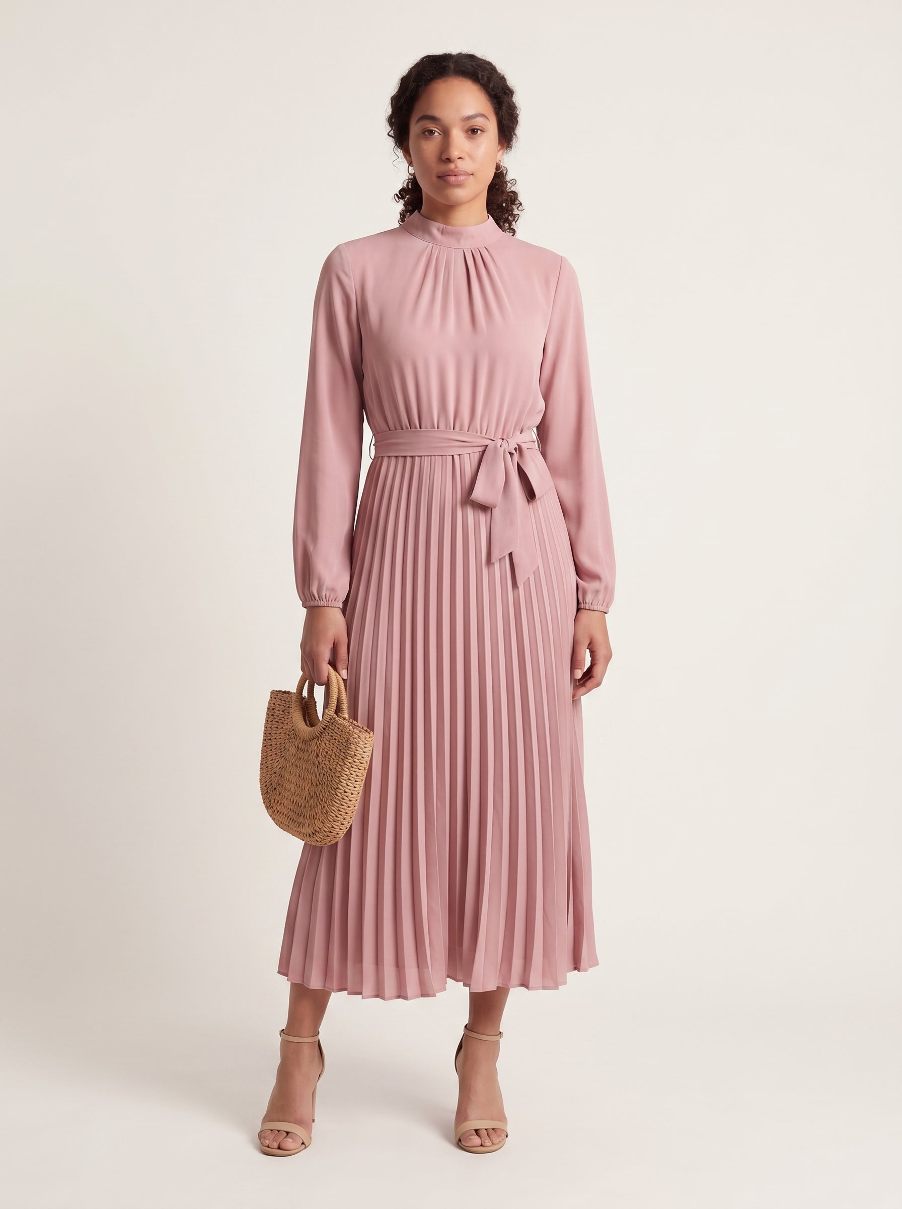 Nora | Elegant Pleated Midi Dress with Tie Waist & Mock Neck