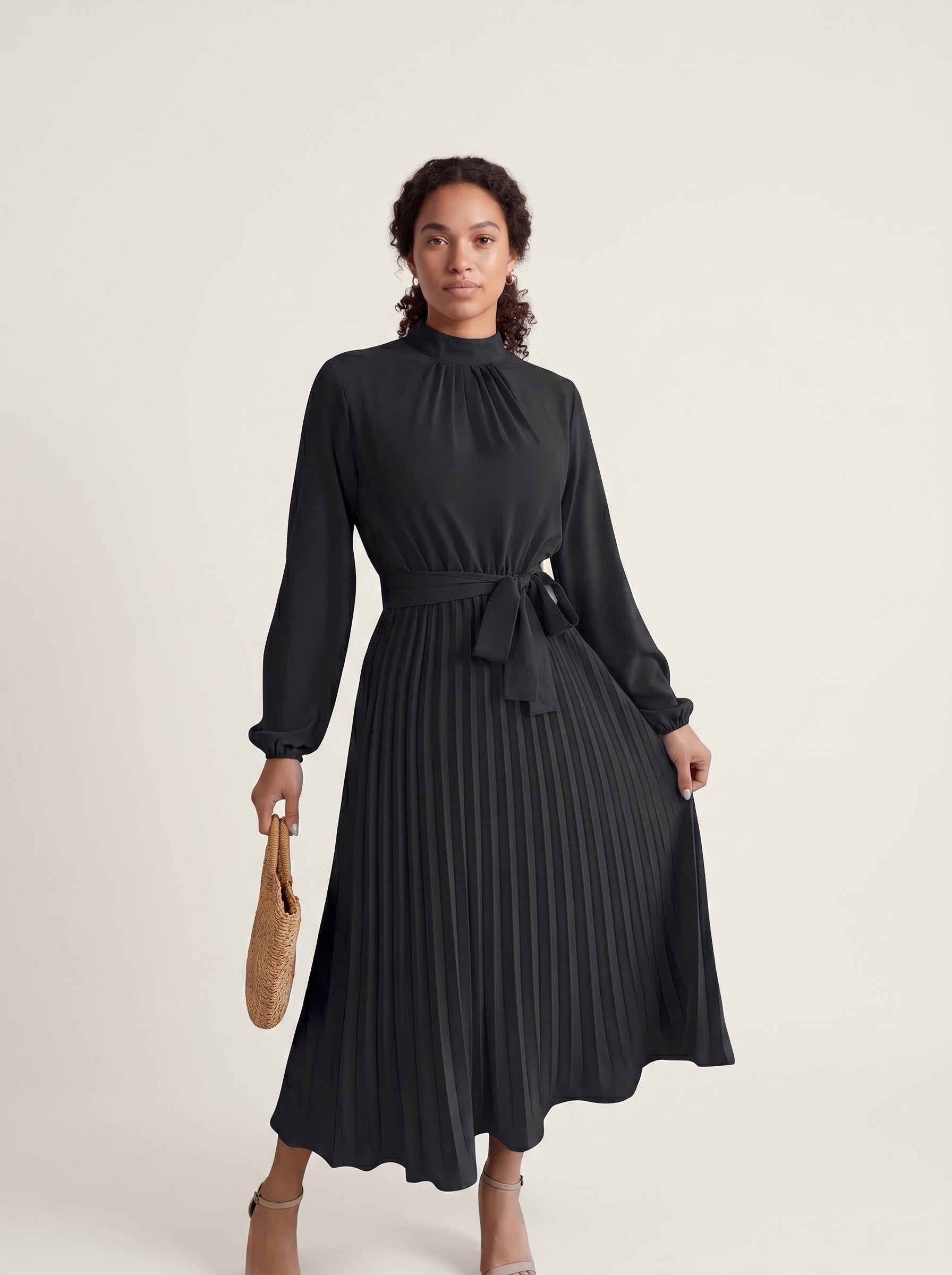 Nora | Elegant Pleated Midi Dress with Tie Waist & Mock Neck