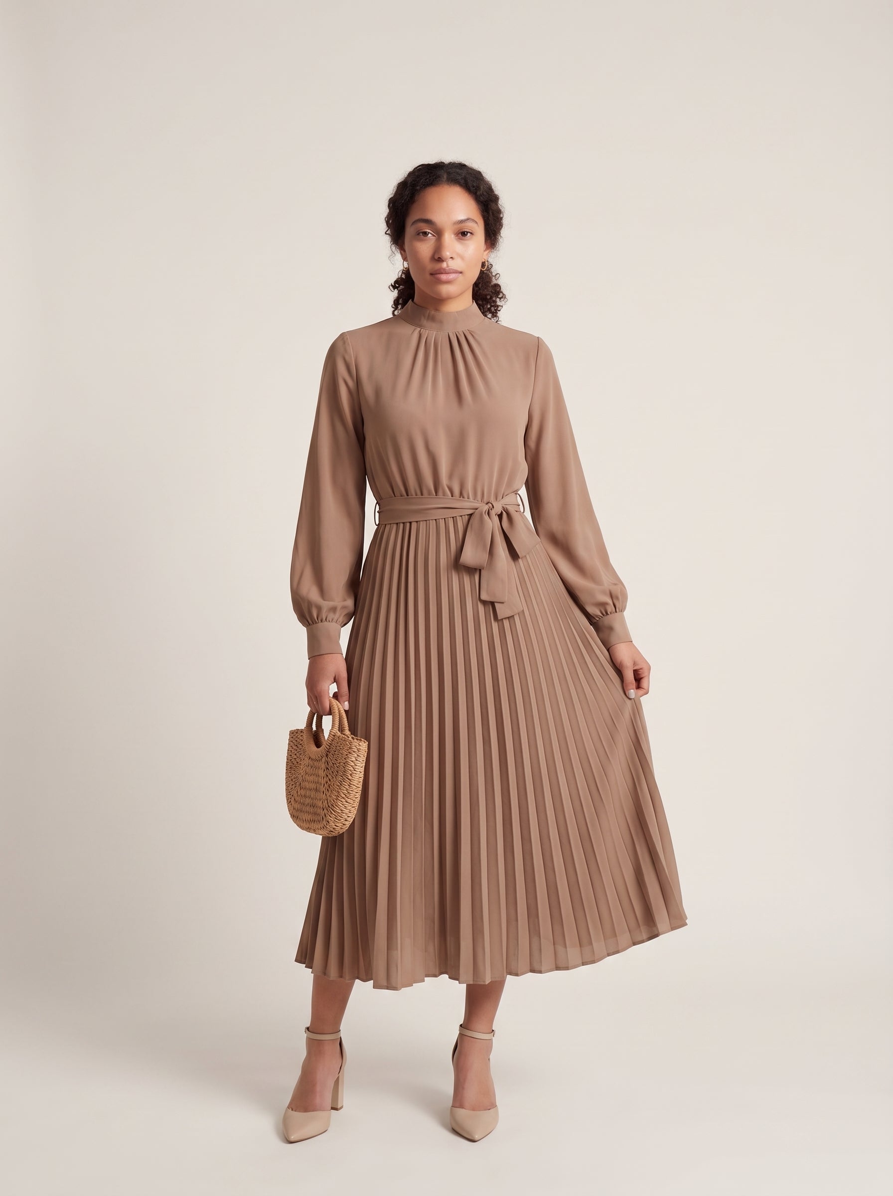 Nora | Elegant Pleated Midi Dress with Tie Waist & Mock Neck