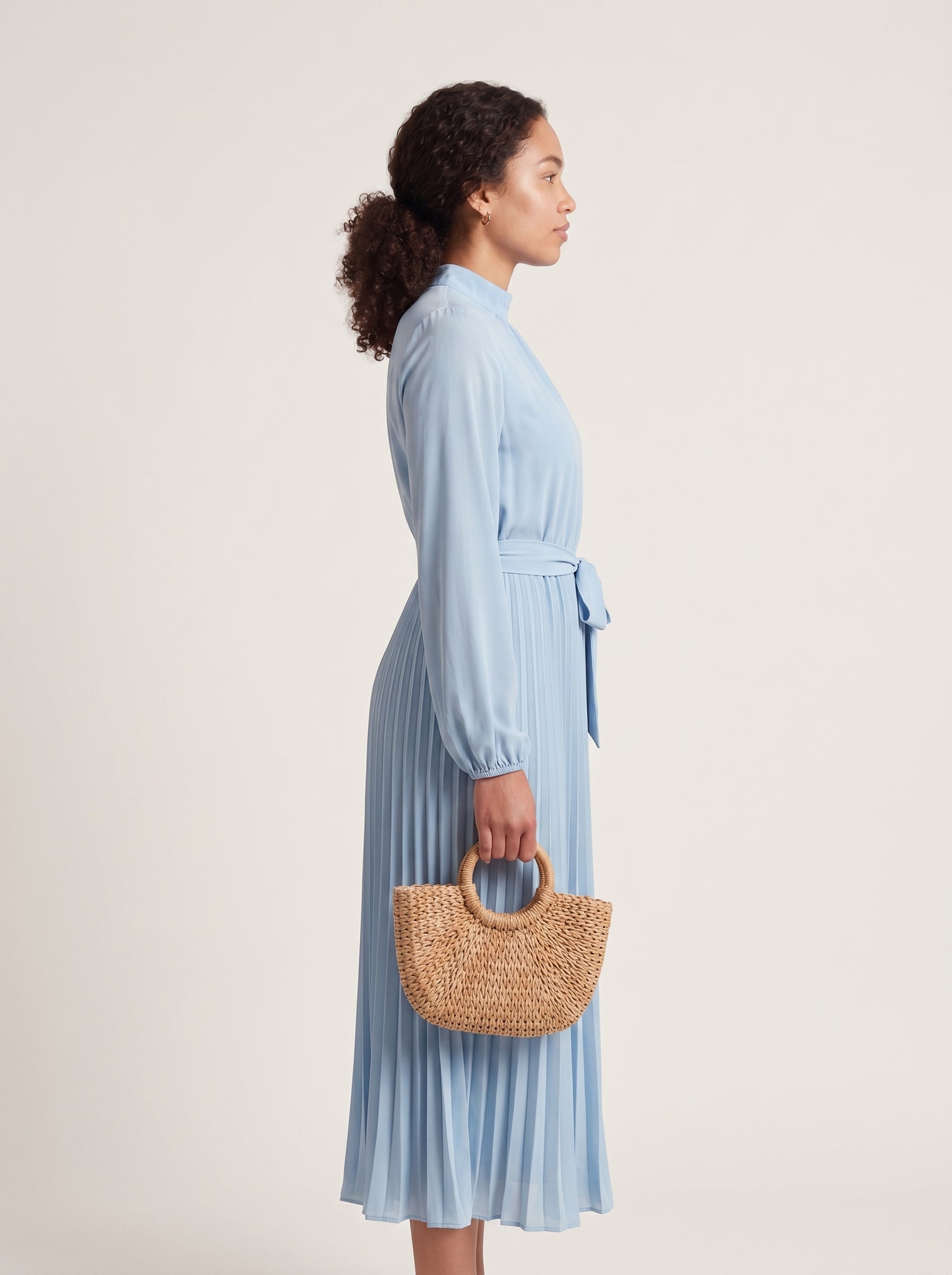Nora | Elegant Pleated Midi Dress with Tie Waist & Mock Neck