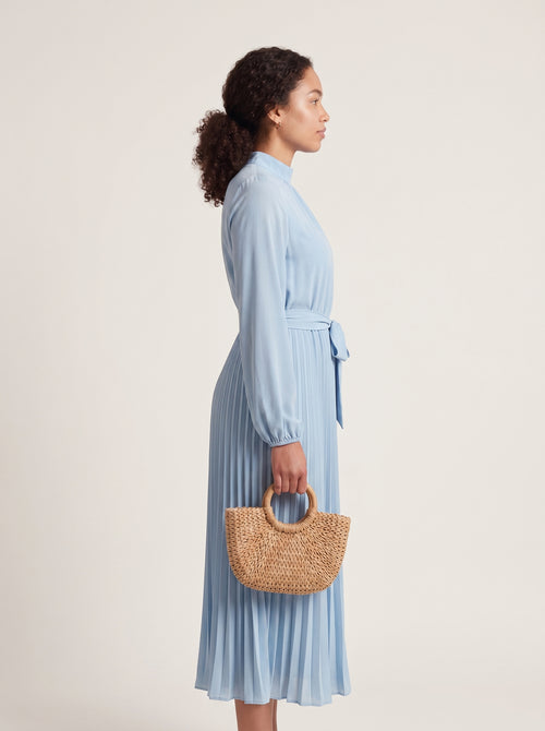Nora | Elegant Pleated Midi Dress with Tie Waist & Mock Neck