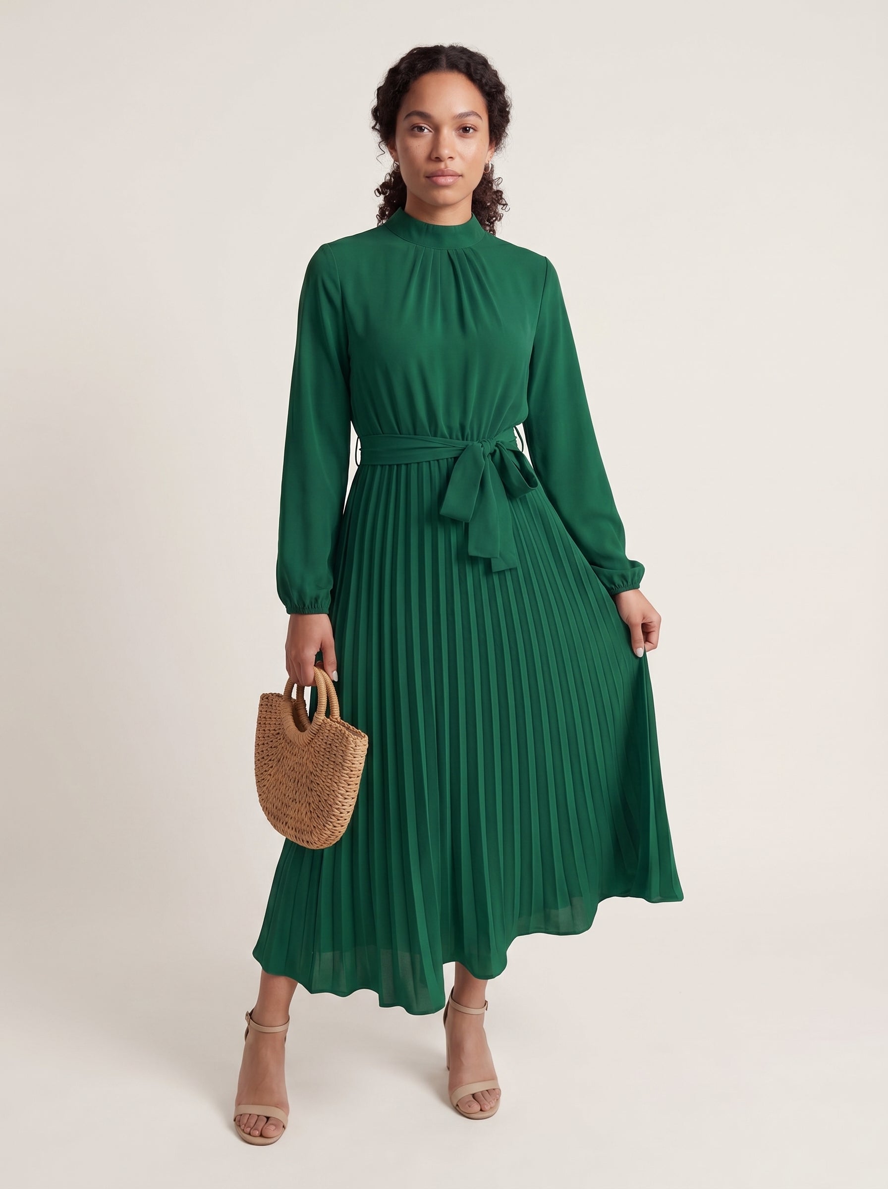 Nora | Elegant Pleated Midi Dress with Tie Waist & Mock Neck
