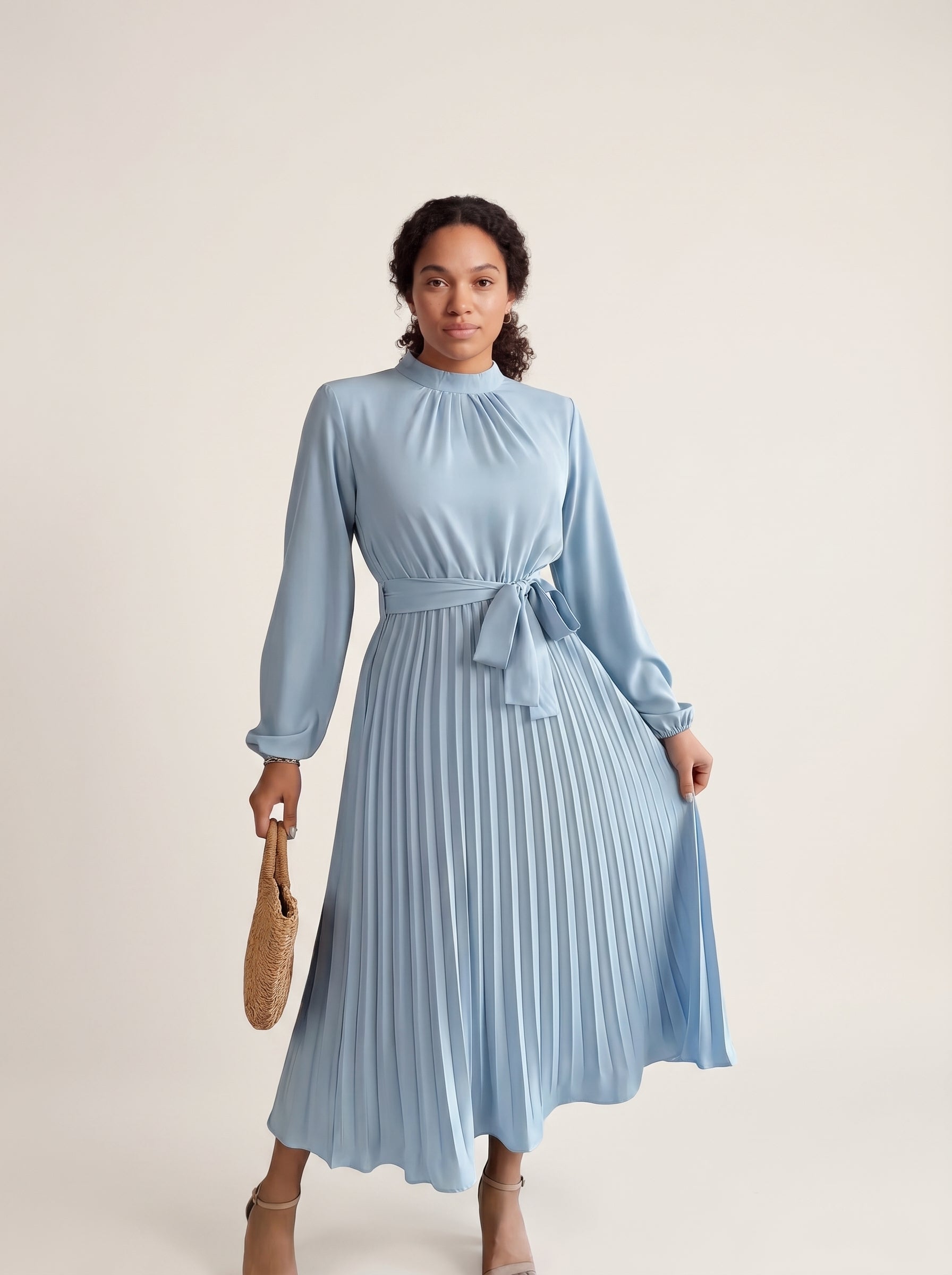 Nora | Elegant Pleated Midi Dress with Tie Waist & Mock Neck