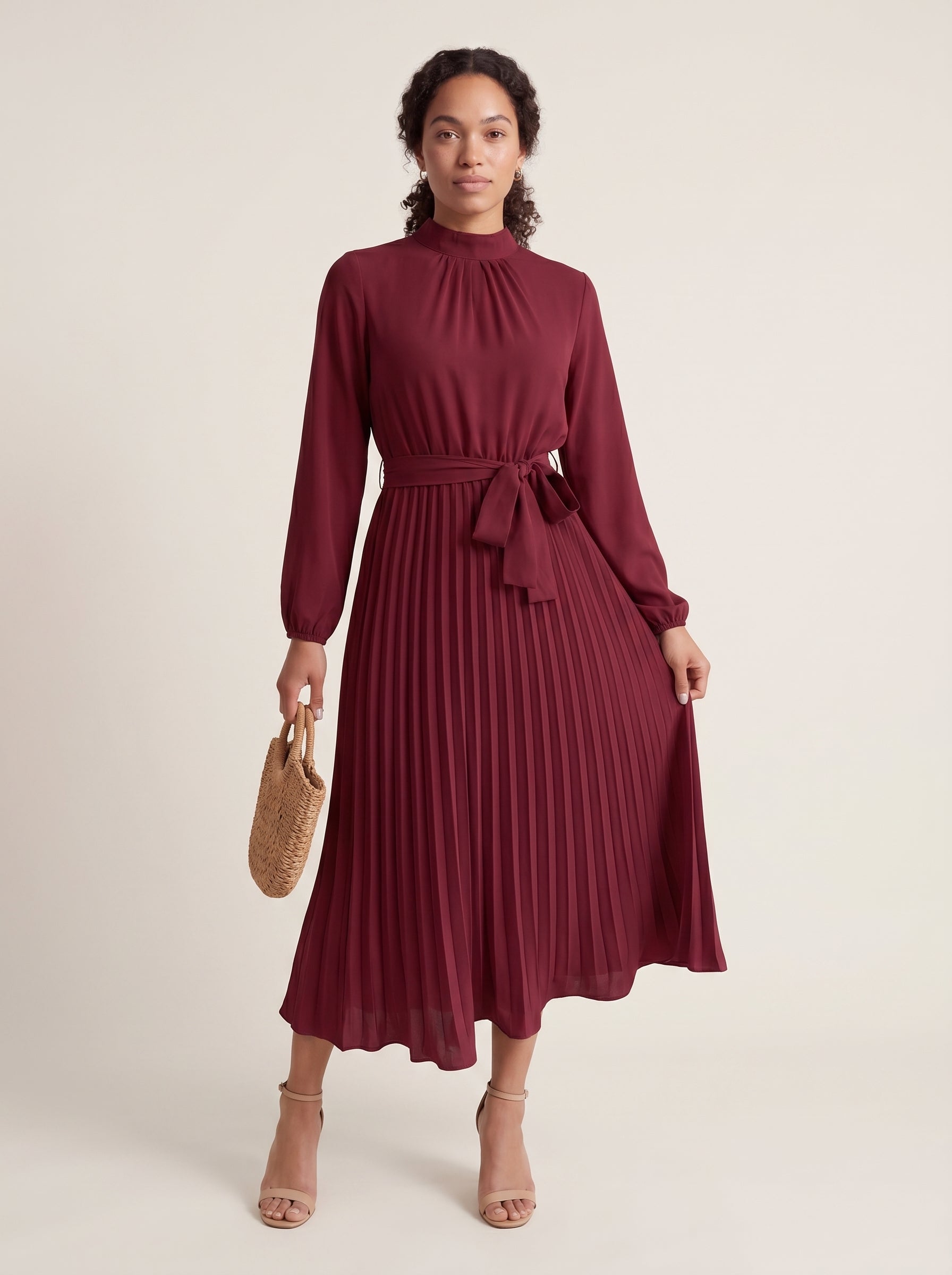 Nora | Elegant Pleated Midi Dress with Tie Waist & Mock Neck
